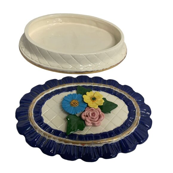 Vintage Ceramic Trinket Dish Floral Raised Design Blue Rim Vanity Tray 1970s - Picture 5 of 8
